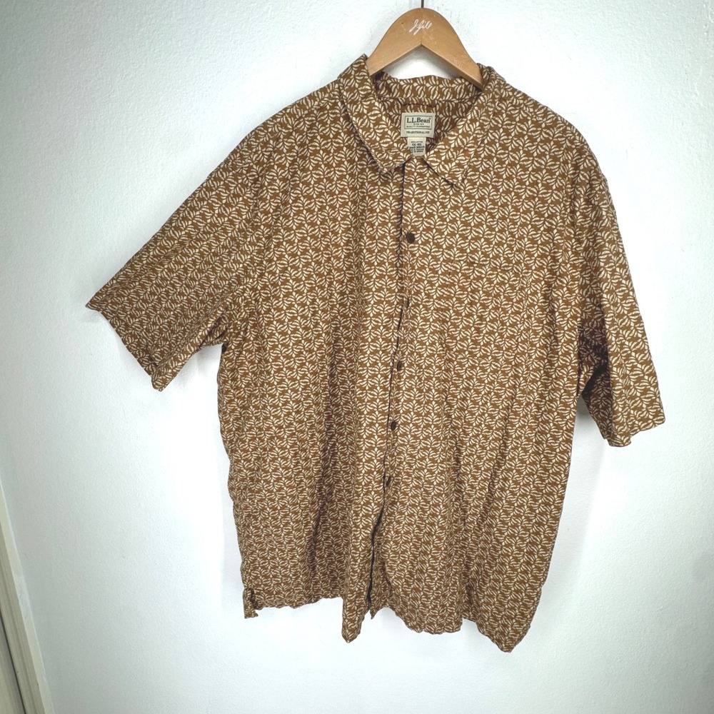 LL Bean Vintage Mens Brown Leaf Print Cotton Short Sleeve Button Down Shirt XXL